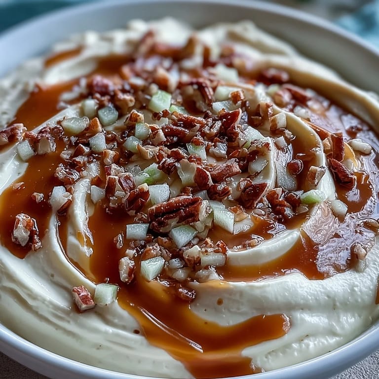 Luscious cheesecake dip swirled with caramel, invitingly topped with diced apples.