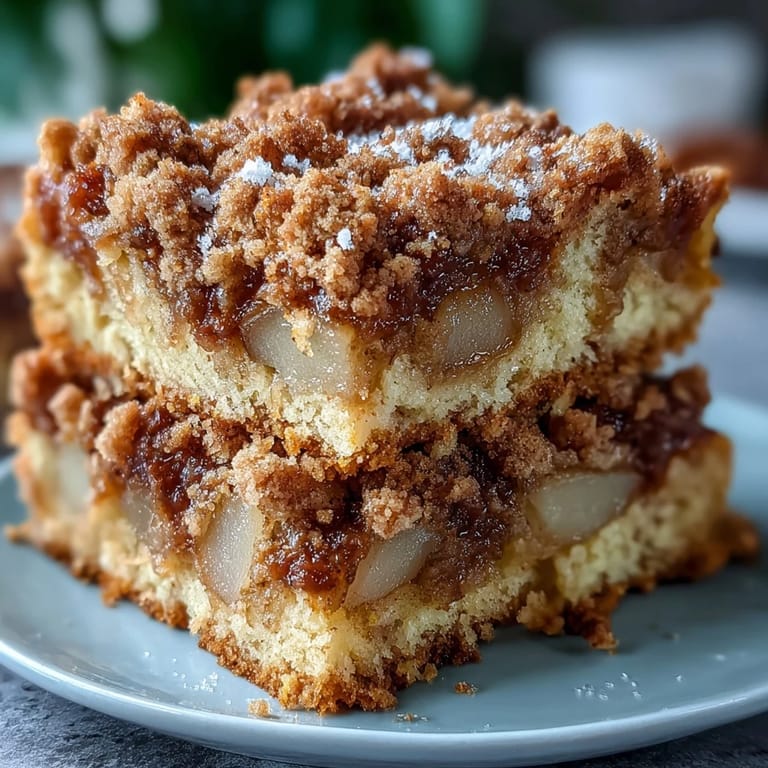 Moist Cinnamon Pear Crumb Cake showcasing spiced pear filling and streusel.
