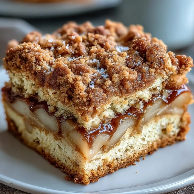 Deliciously baked Cinnamon Pear Crumb Cake, a perfect breakfast or dessert treat.
