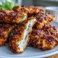 Keto Crispy Parmesan Crusted Chicken Tenders with Ranch Slaw - golden-brown tenders with crunchy almond-Parmesan coating served with tangy, creamy slaw.  