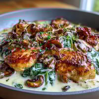 Keto Creamy Spinach Mushroom Chicken Skillet with tender chicken breasts in a rich, garlicky cream sauce with fresh spinach and mushrooms.  
