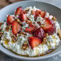 A creamy cottage cheese fruit bowl with fresh strawberries and honey drizzle, perfect for a healthy breakfast or snack.
