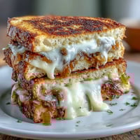 Golden sourdough grilled cheese with caramelized onions and melted Gruyere, perfectly crisped on a hot skillet.