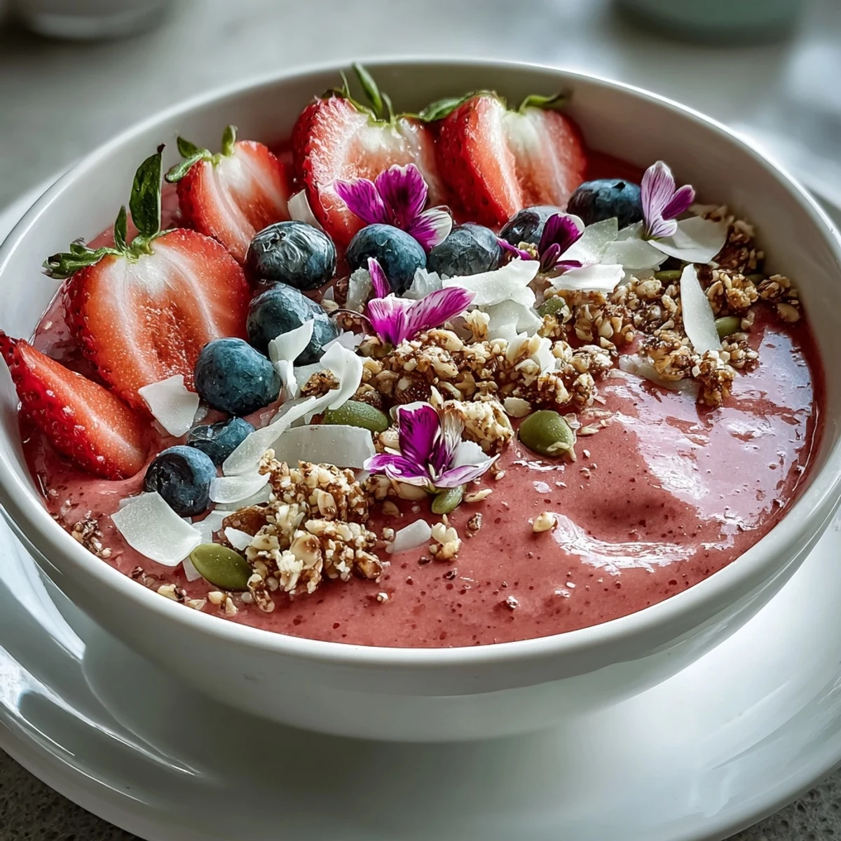 A vibrant Galentine's brunch strawberry smoothie bowl with granola, fresh berries, and coconut flakes for a festive treat.