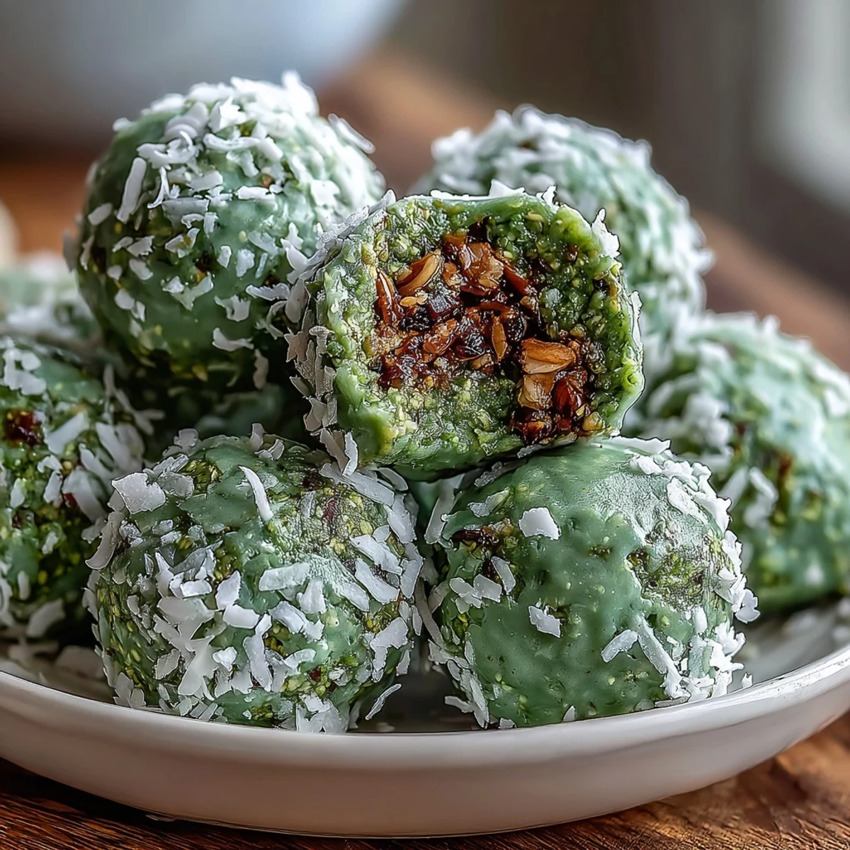 Vibrant matcha coconut energy balls with oats, rolled in shredded coconut for a delightful, energizing snack.