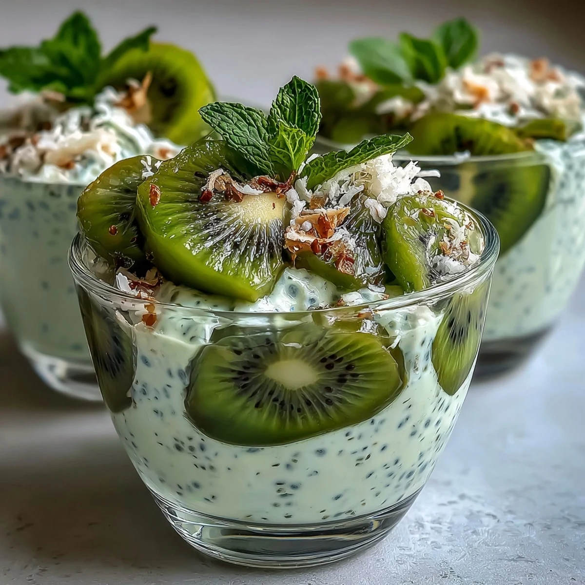 Vibrant kiwi and lime chia pudding cups with creamy coconut base and fresh fruit topping.  