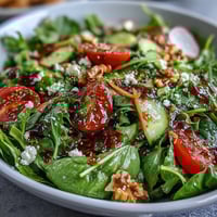 A colorful spring greens salad topped with fresh vegetables and drizzled with tangy honey mustard dressing for a refreshing meal.  