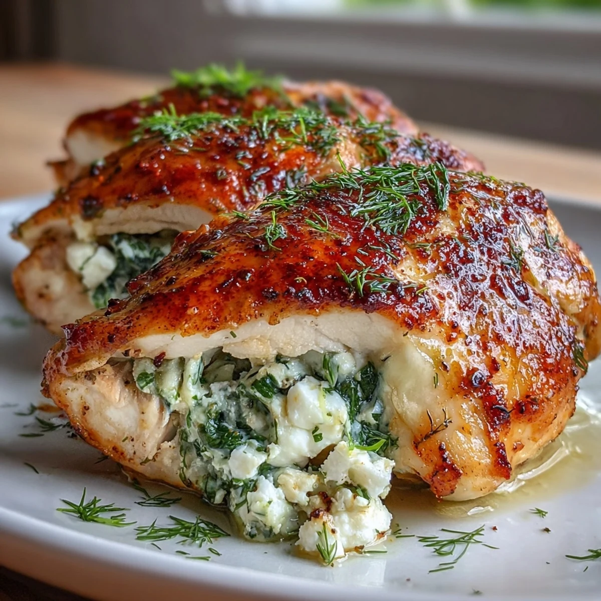 Juicy chicken breasts stuffed with creamy spinach and feta filling, baked golden with herbs and sun-dried tomatoes. A Mediterranean-inspired main dish perfect for weeknight dinners.