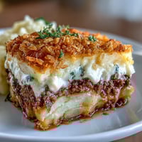 Funeral potatoes shepherds pie mash-up with golden cornflake topping and bubbling cheese.  