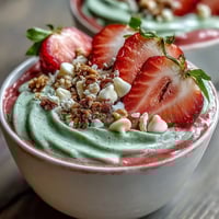 A vibrant strawberry matcha smoothie bowl with creamy layers and fresh fruit toppings.  