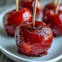 Classic Red Candy Apples with a glossy, vibrant red shell and crisp green apple inside, perfect for autumn celebrations and Halloween parties.