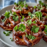 Festive St. Patrick's Day shamrock pretzel bites with green candy coating and sprinkles on a white platter.