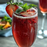 A festive glass of strawberry mimosa mocktail with fresh fruit and mint garnish, perfect for Mother's Day brunch.