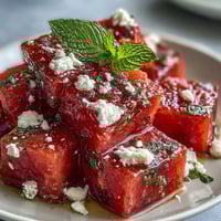 Watermelon Feta Skewers with Mint: juicy cubes of watermelon and creamy feta on fresh mint leaves, drizzled with olive oil.