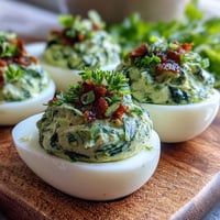 Green Eggs and Ham Deviled Eggs with Spinach Filling: vibrant spinach-herb yolk filling piped into halved eggs, topped with crispy ham crumbles.