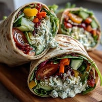 Colorful Rainbow Veggie Wraps with crisp bell peppers, carrots, cucumber, and purple cabbage in a whole wheat tortilla, ideal for a healthy lunch.