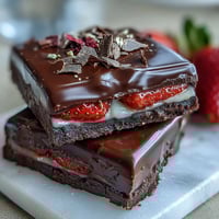 Strawberry chocolate bark with swirls of dark and white chocolate, topped with fresh strawberries and pistachios.