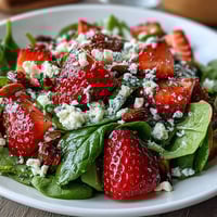 Fresh strawberry spinach salad with poppyseed dressing, featuring juicy berries and crisp greens.  