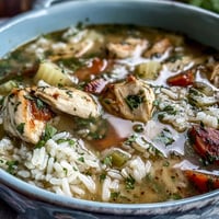A steaming bowl of Easy Chicken Run One-Pot Chicken and Rice Soup with tender chicken, carrots, and celery in a savory broth.