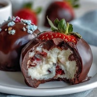 Dubai-Style Strawberry Truffles with Dark Chocolate Shell: Elegant, bite-sized truffles with a fragrant strawberry-cardamom center, enrobed in a glossy dark chocolate shell and garnished with pistachios and rose petals.