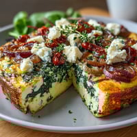 Fluffy spinach and feta frittata with sun-dried tomatoes, baked golden and loaded with savory Mediterranean flavors.