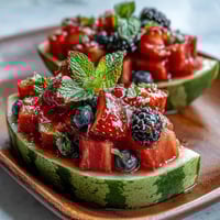 A vibrant watermelon carving board overflowing with fresh berries and mint, perfect for summer parties and healthy snacking.