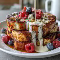 A golden pancake casserole layered with juicy berries and dusted with powdered sugar for a festive Mothers Day brunch centerpiece.