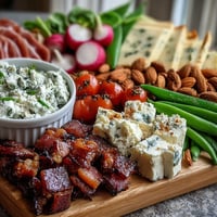 Fresh spring charcuterie board with radishes, peas, and herb dip—colorful, crisp vegetables paired with savory meats and creamy herbed spread.