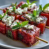 Juicy watermelon cubes and creamy feta cheese on skewers, garnished with fresh mint leaves for a vibrant summer appetizer.  