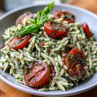 Cold pesto orzo salad with cherry tomatoes and mozzarella, perfect for summer picnics or light lunches.  