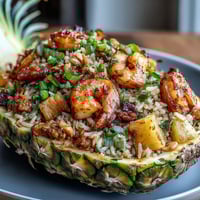 Vibrant pineapple fried rice served in a hollowed pineapple shell with colorful vegetables and shrimp.