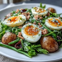 Spring Niçoise Salad with tuna, soft-boiled eggs, and crisp green beans, drizzled in zesty Dijon vinaigrette.