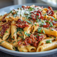 Creamy Marry Me Pasta with Sun-Dried Tomatoes topped with fresh basil.