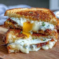 Golden breakfast grilled cheese with runny egg and melted cheddar.