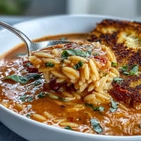 Comforting tomato soup orzo with golden grilled cheese croutons, ready to enjoy.