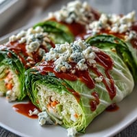 Spicy Buffalo Cabbage Crunch Wraps are ready to be devoured, featuring crisp veggies.