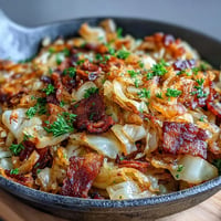 Golden brown fried cabbage with bacon and onions, a savory Southern side.