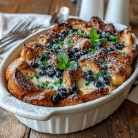 Golden Lemon Blueberry Croissant French Toast Bake with a rich, eggy custard and fresh berries.